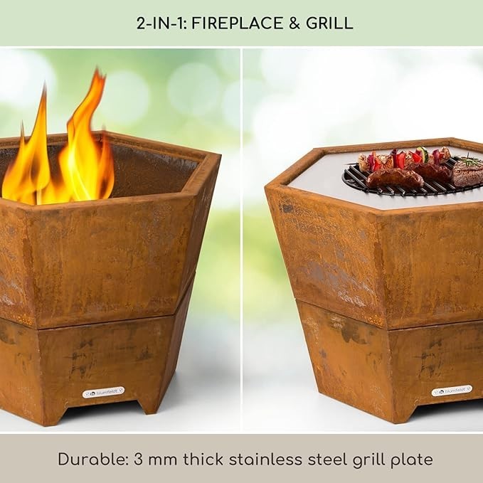 Outdoor Fire Pit Bowl with Grill – Weatherproof Steel Garden Fireplace 60cm