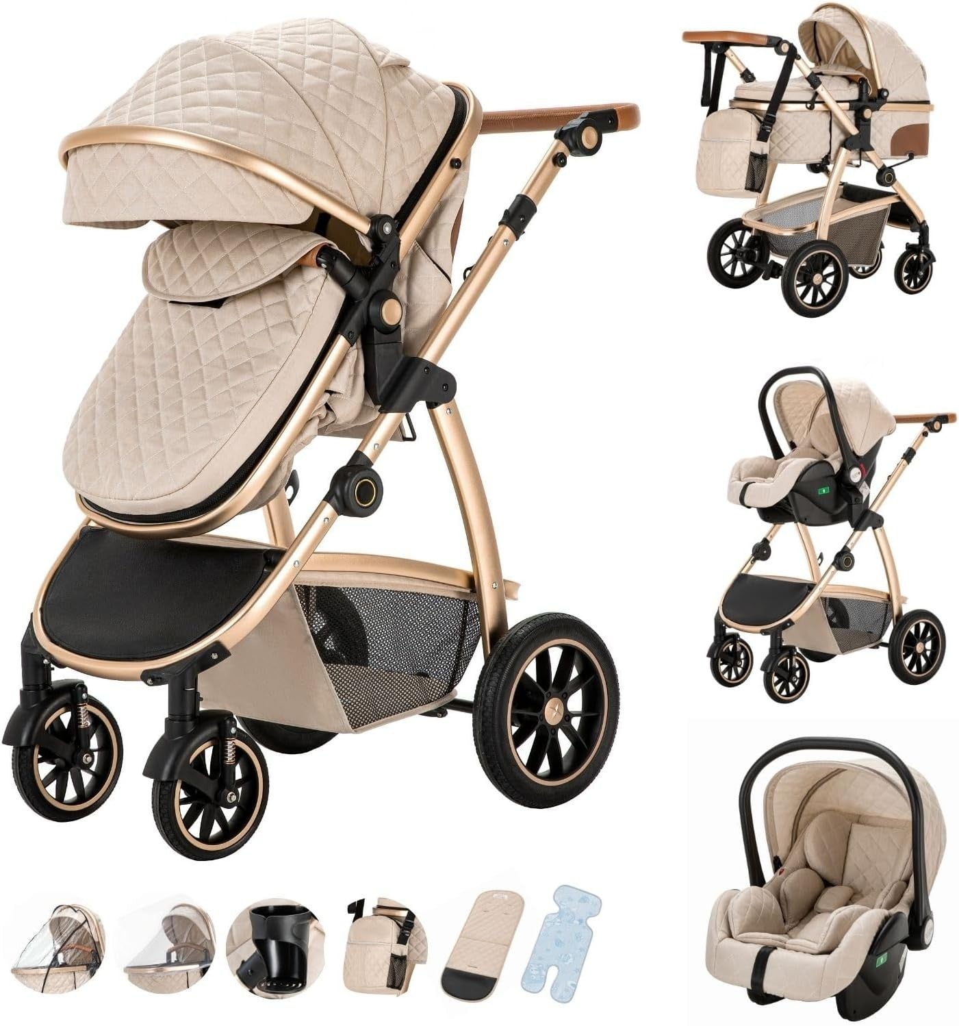 3-in-1 Baby Stroller Travel System Beige 0-4Y Adjustable Handle Car Seat