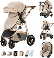 3-in-1 Baby Stroller Travel System Beige 0-4Y Adjustable Handle Car Seat
