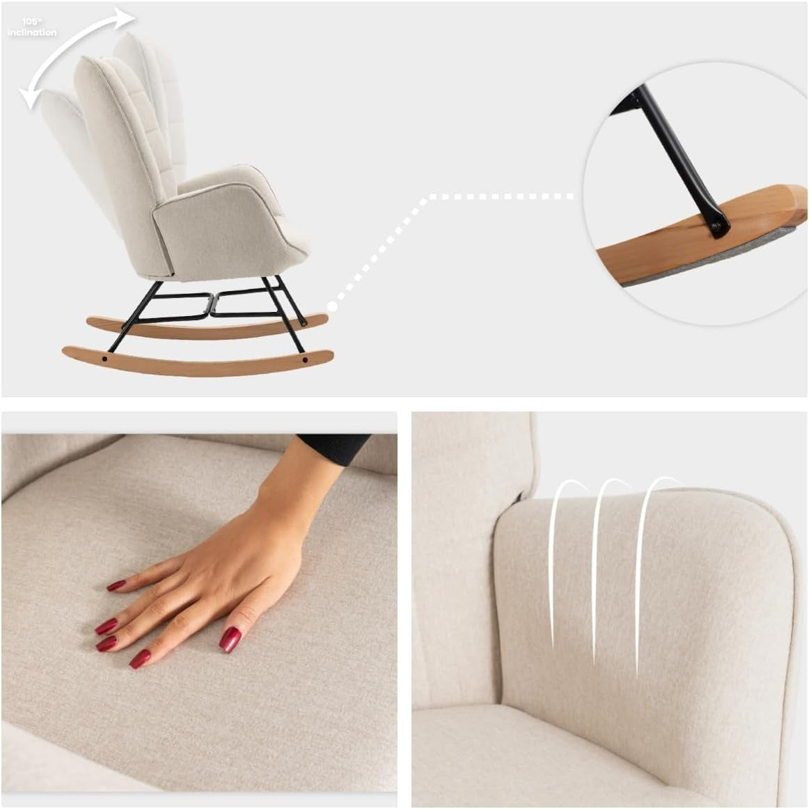 Beige Rocking Chair for Nursery w/ High Back, Comfy Fabric & Metal Legs