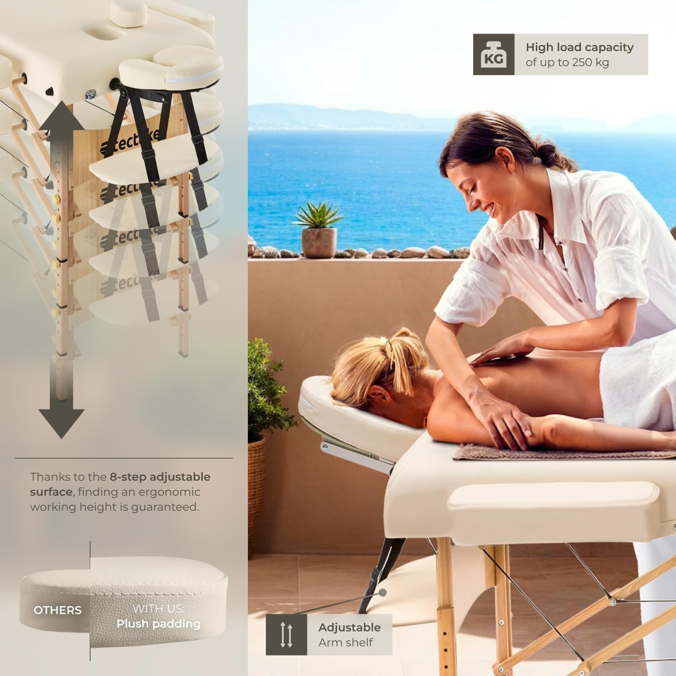 Portable Massage Table Foldable Beech Frame 7.5cm Padded Beauty Bed Beige