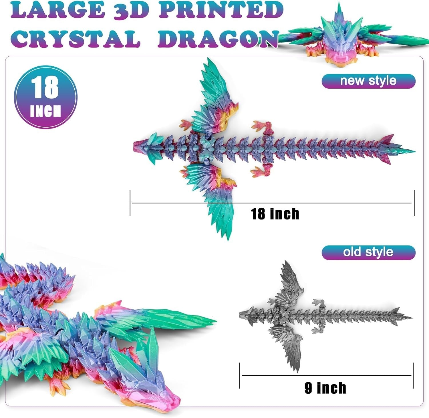Large 3D Printed Crystal Winged Dragon Articulated Fidget Desk Decor