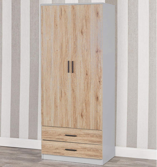 Modern 2 Door Wardrobe Oak Drawers & Hanging Rail | Bedroom Storage Unit