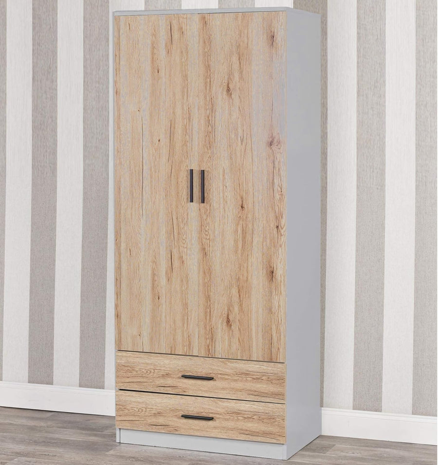 Modern 2 Door Wardrobe Oak Drawers & Hanging Rail | Bedroom Storage Unit