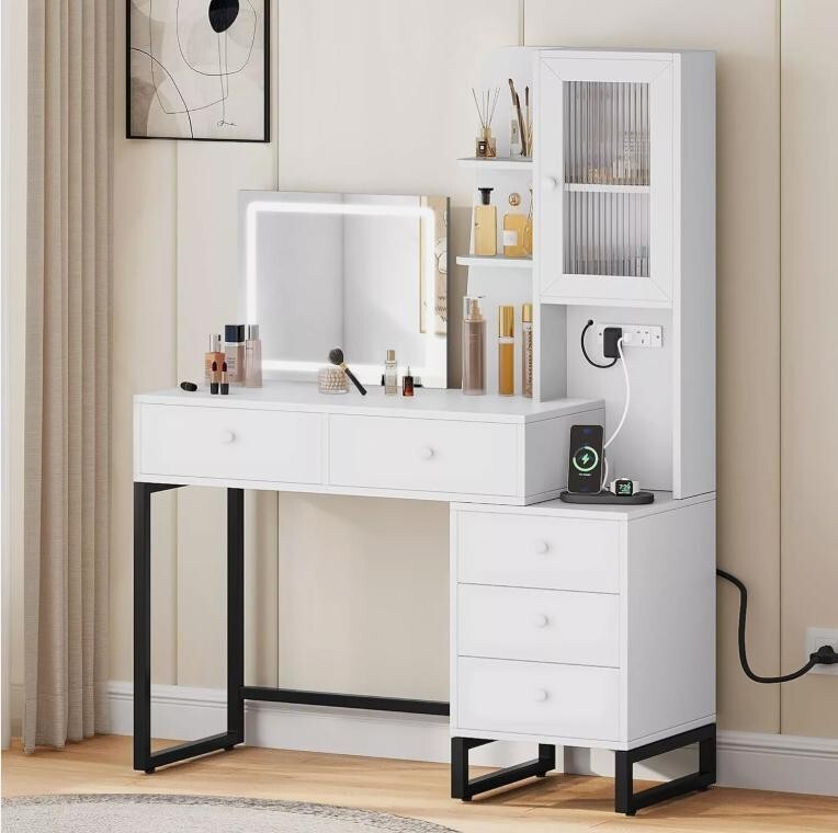 LED Vanity Desk with Mirror, Makeup Table 5 Drawers, USB, Shelves White