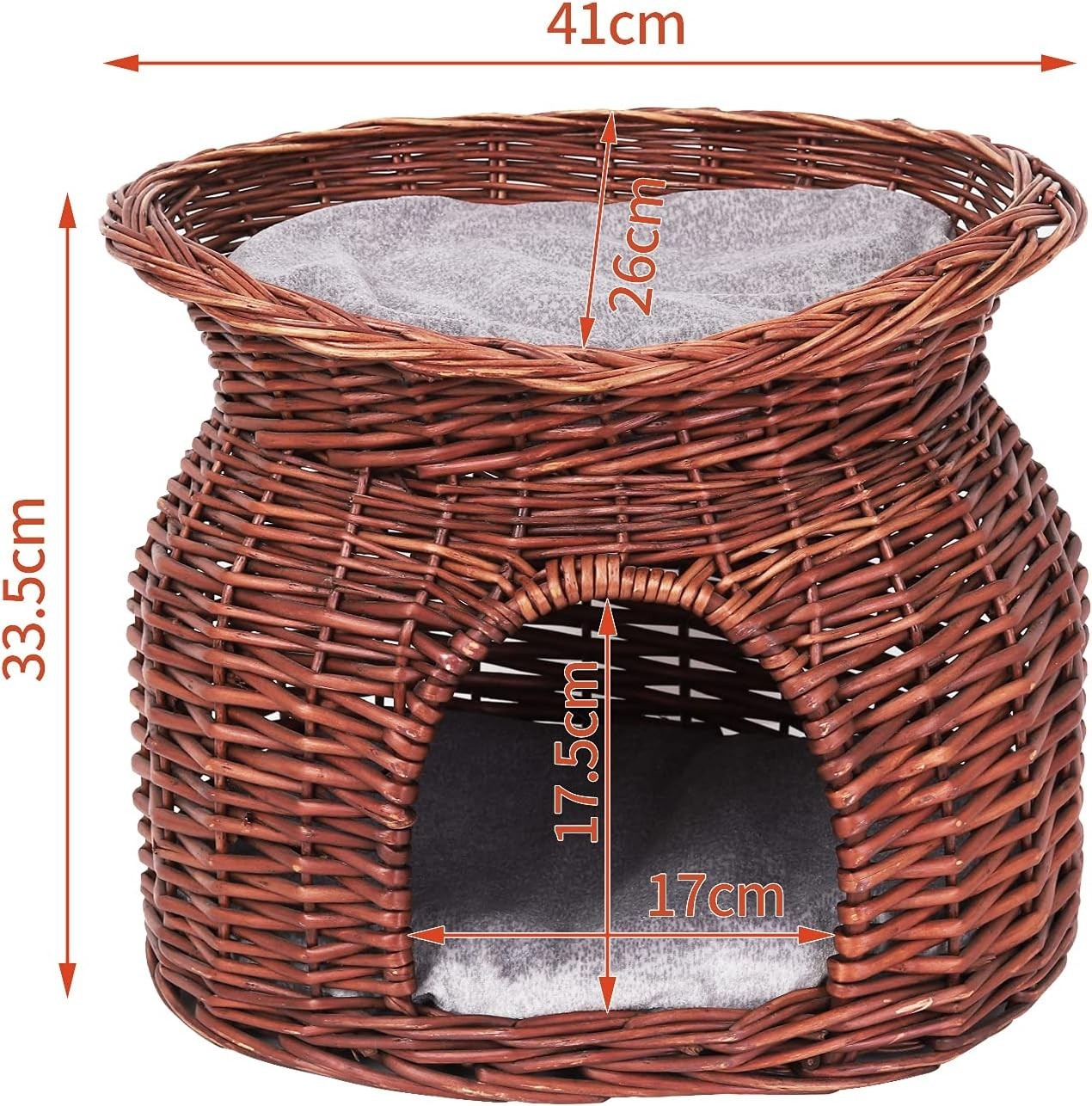 2 Tier Wicker Cat Cave House Basket Bed with Cushions Brown