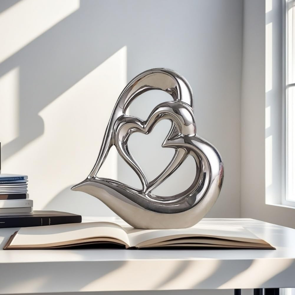 Silver Double Heart Ceramic Sculpture Modern Luxury Ornament Home Decor Gift