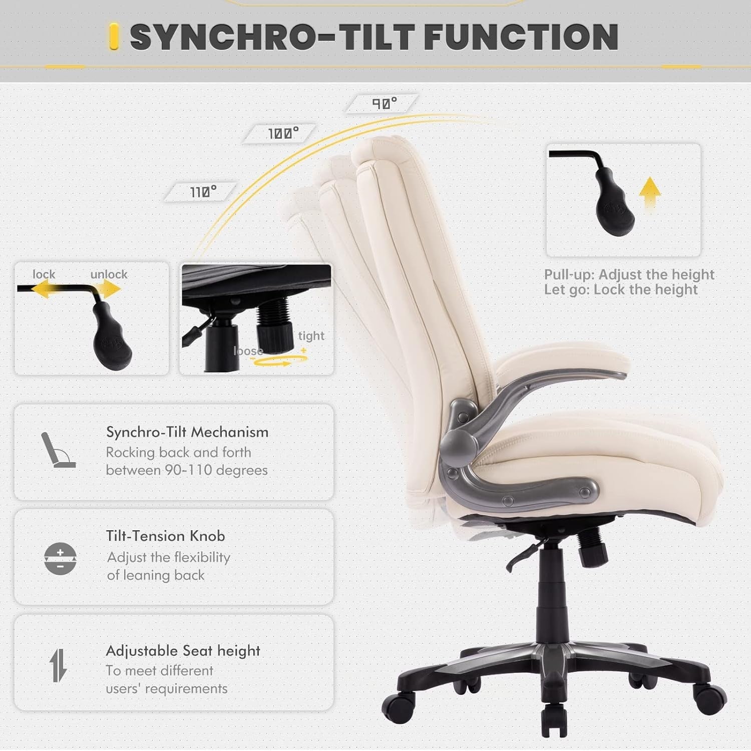Big & Tall Office Chair Ergonomic Desk Seat 400lbs Wide PU Leather Ivory