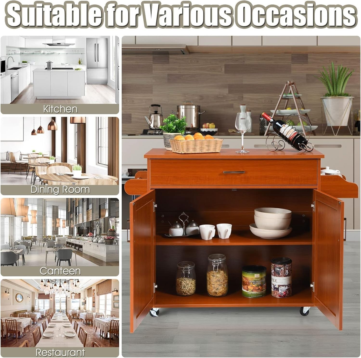 Large Kitchen Island Trolley Drawer Cabinet 116cm Brown