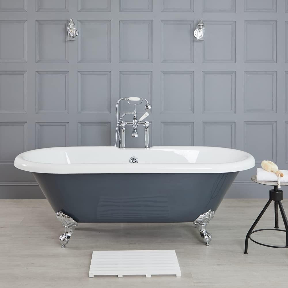 1795x785mm Freestanding Double Ended Slipper Bath Stone Grey Acrylic w/ Chrome