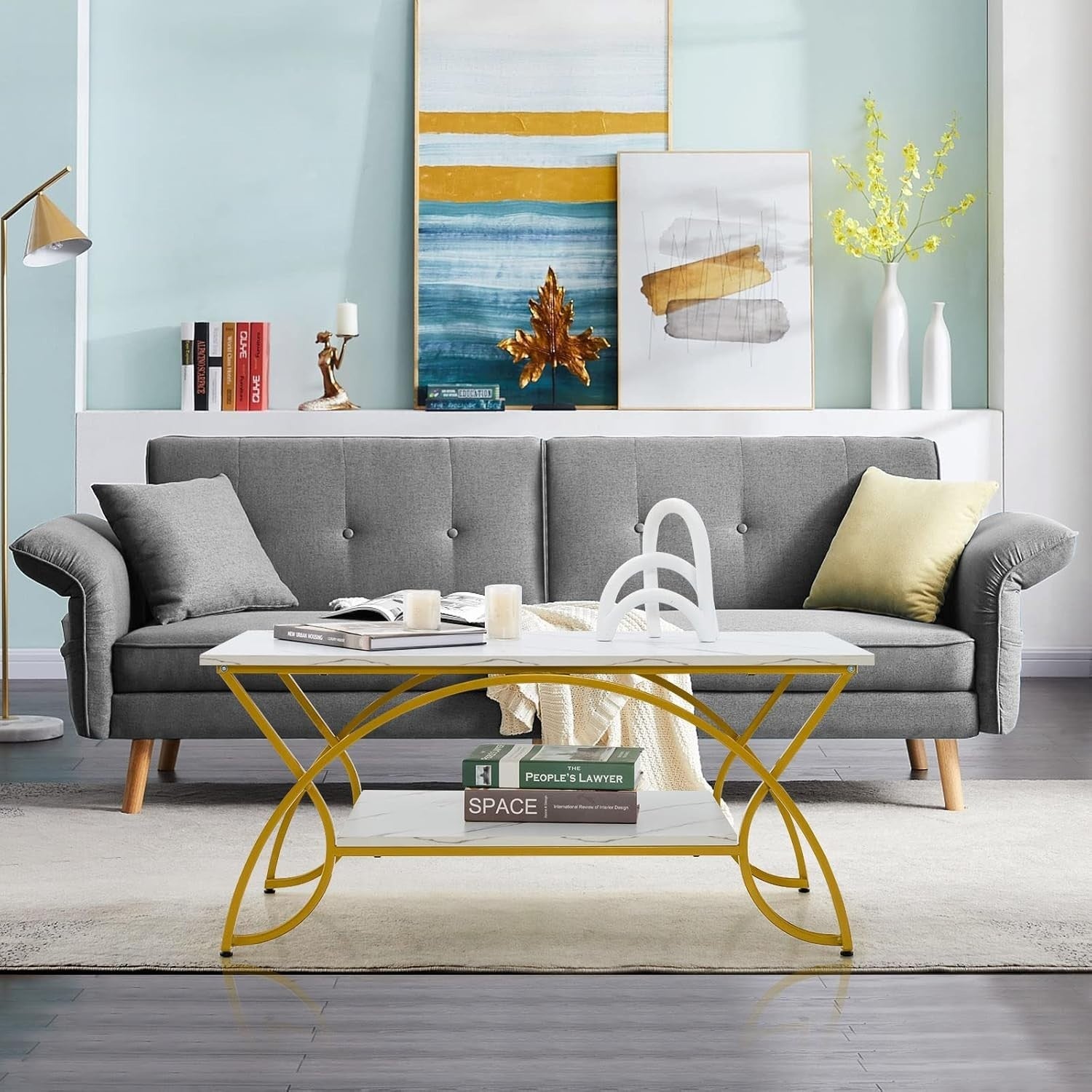 2-Tier Marble Coffee Table with Golden Frame – Rectangular Storage Shelf, 100x50