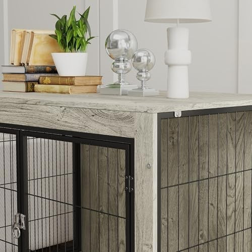 Modern Dog Crate Furniture with Wheels, Large Lockable Pet Cage Grey