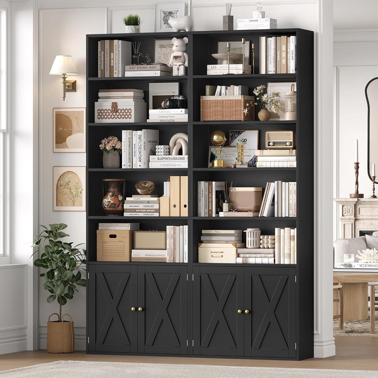 Tall 7-Tier Bookcase with Doors Modern Storage Cabinet Adjustable Shelves Black