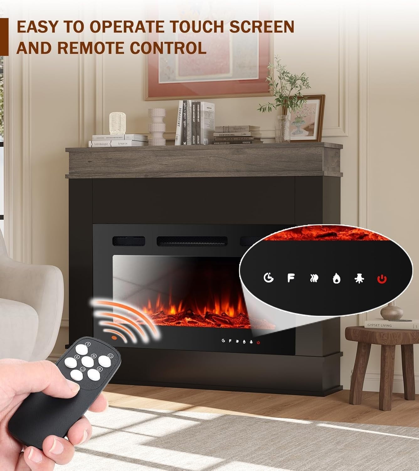 30” Electric Fireplace Heater 12 LED Flame Remote Modern Black Freestanding