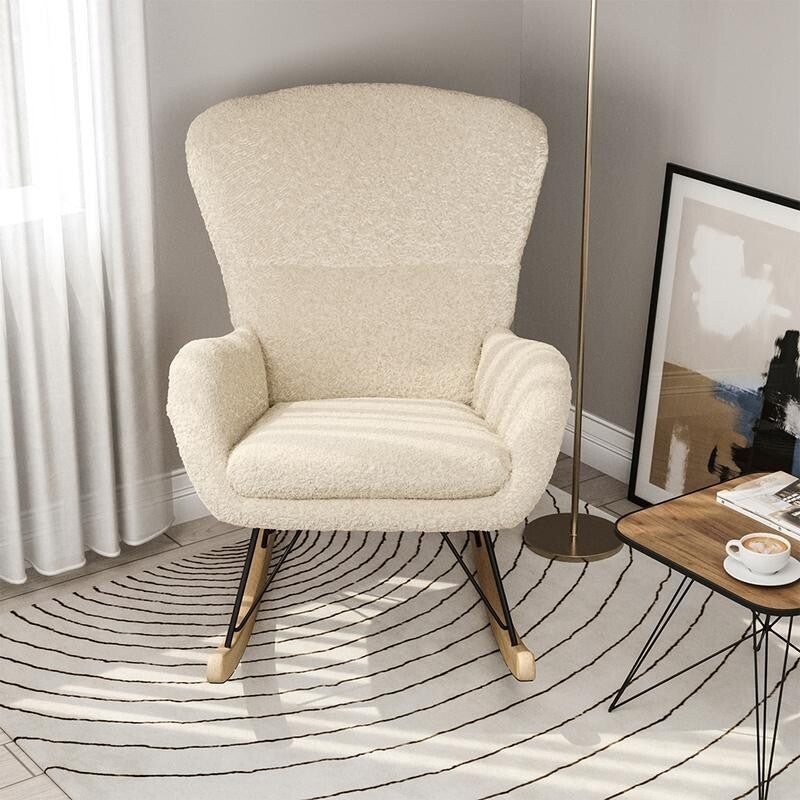 Beige Sherpa Rocking Chair High Back Seat with Arms & Wood Runners