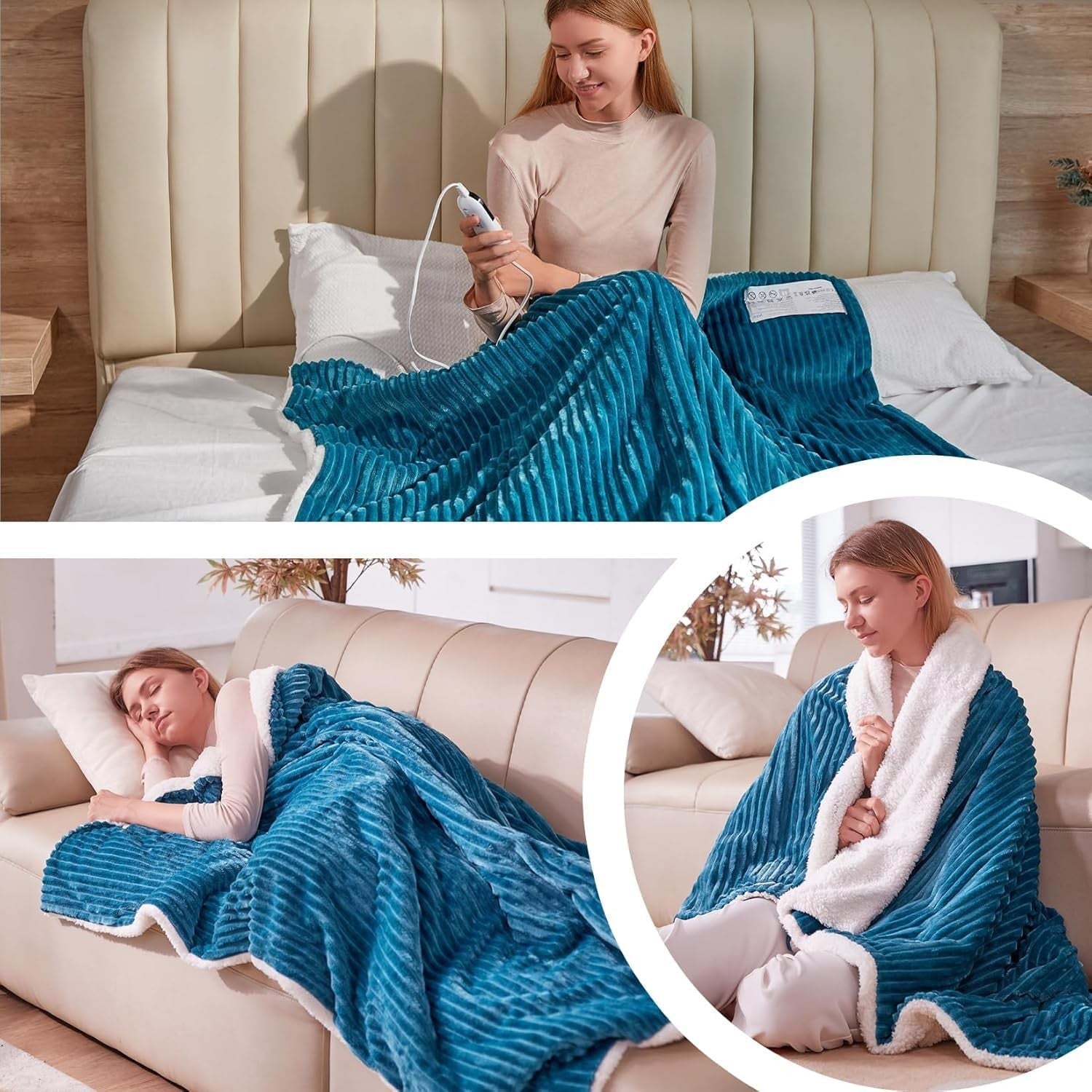 Teal Electric Heated Throw Blanket Double Sherpa 6 Heat Auto Off Washable