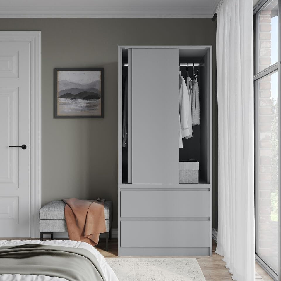 2-Door 2-Drawer Sliding Wardrobe with Adjustable Feet & Silent Doors, 180cm