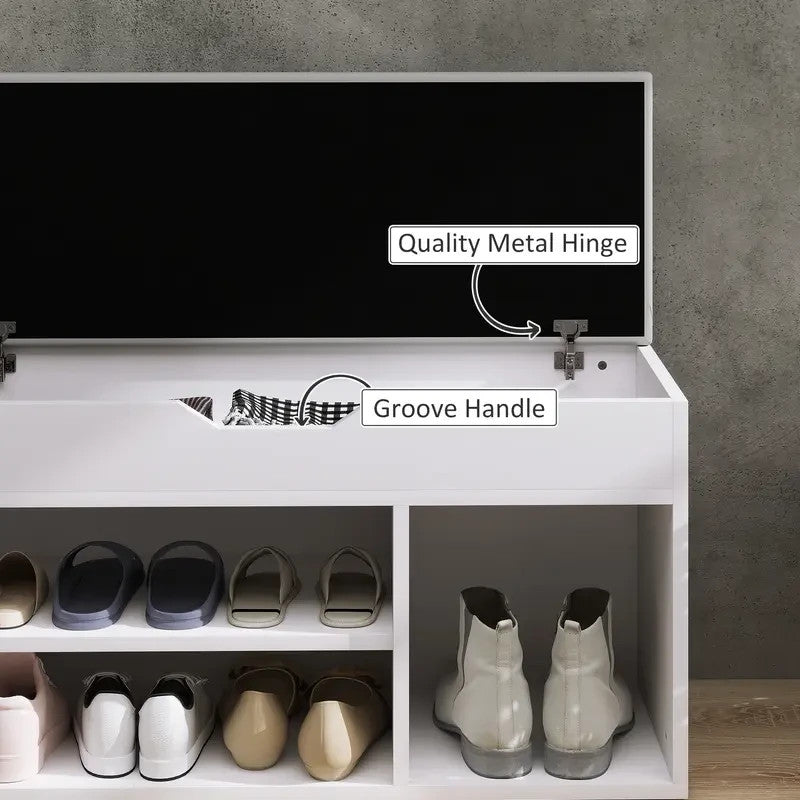 White Shoe Storage Bench with Seat Cushion & Hidden Shelves 80cm
