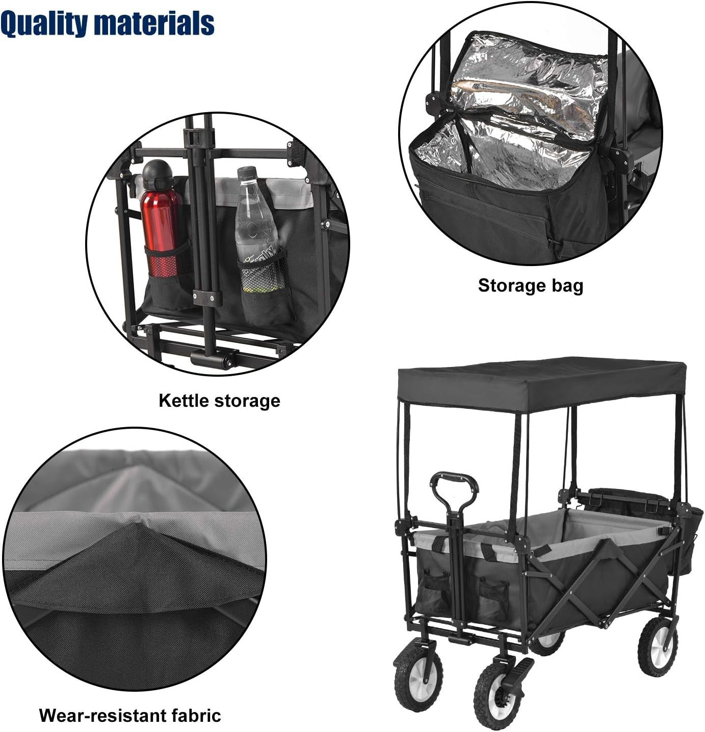 Black 150kg Folding Garden Wagon with Canopy Heavy Duty Festival Camping Trolley