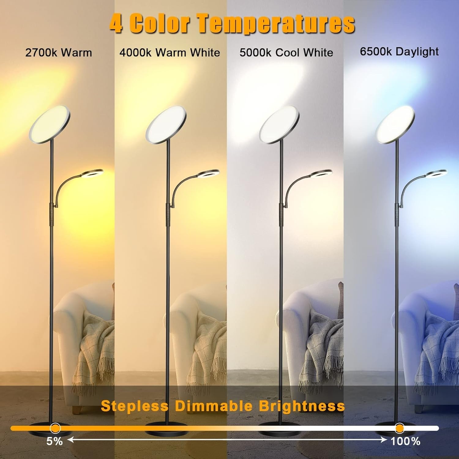 LED Uplighter Floor Lamp 42W Dimmable Remote Touch Reading Light Modern