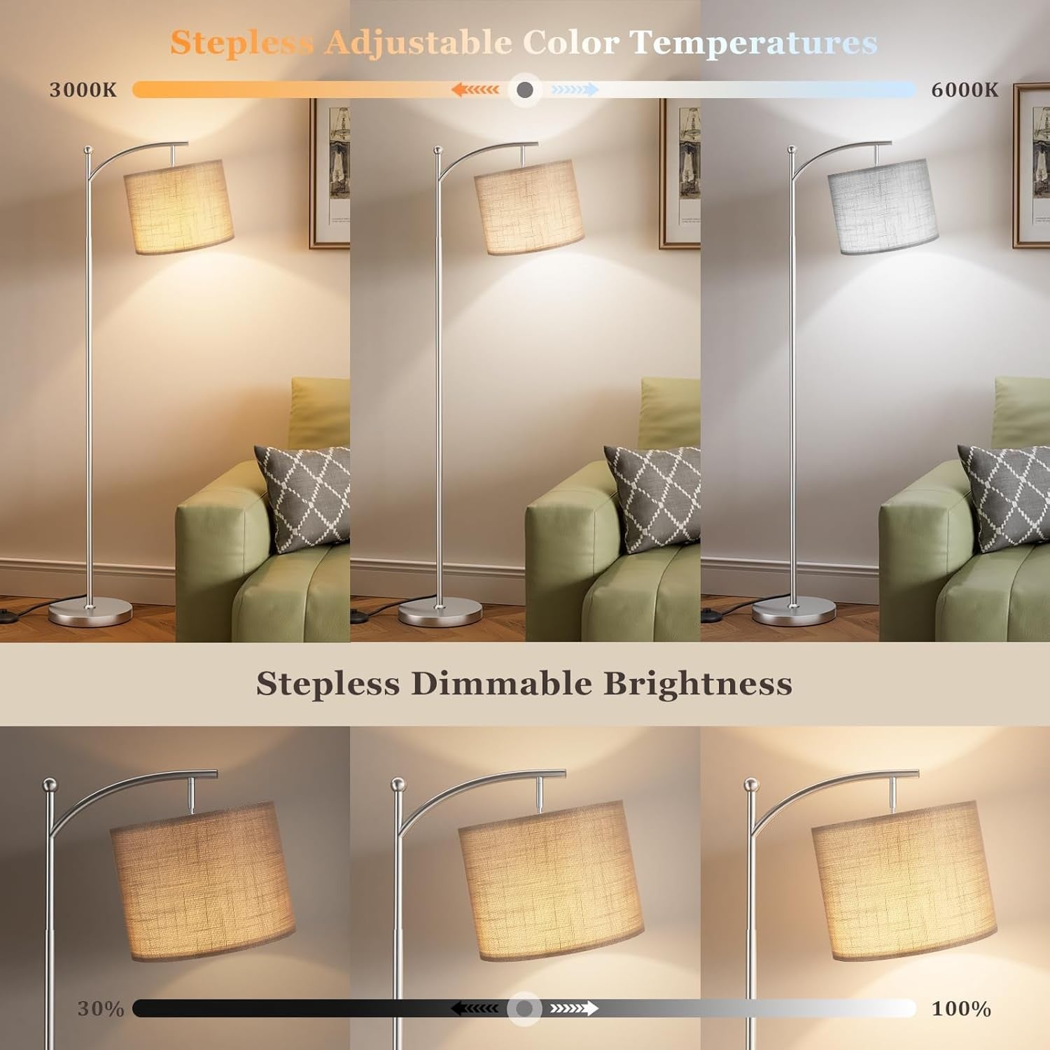 Modern Arc Floor Lamp Dimmable LED Remote Control Living Room