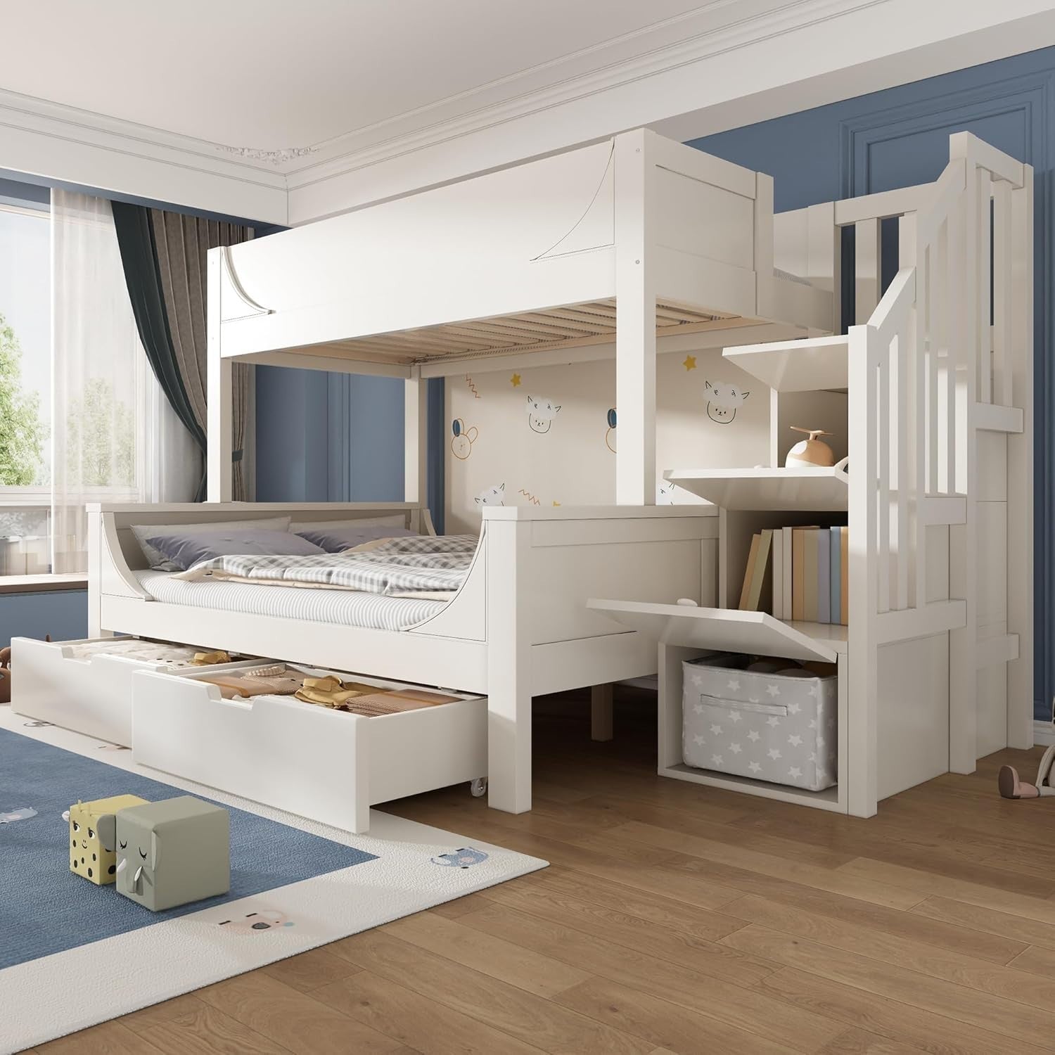 Space-Saving Double Bunk Bed with Storage Drawers & Stairs, Kids Safe