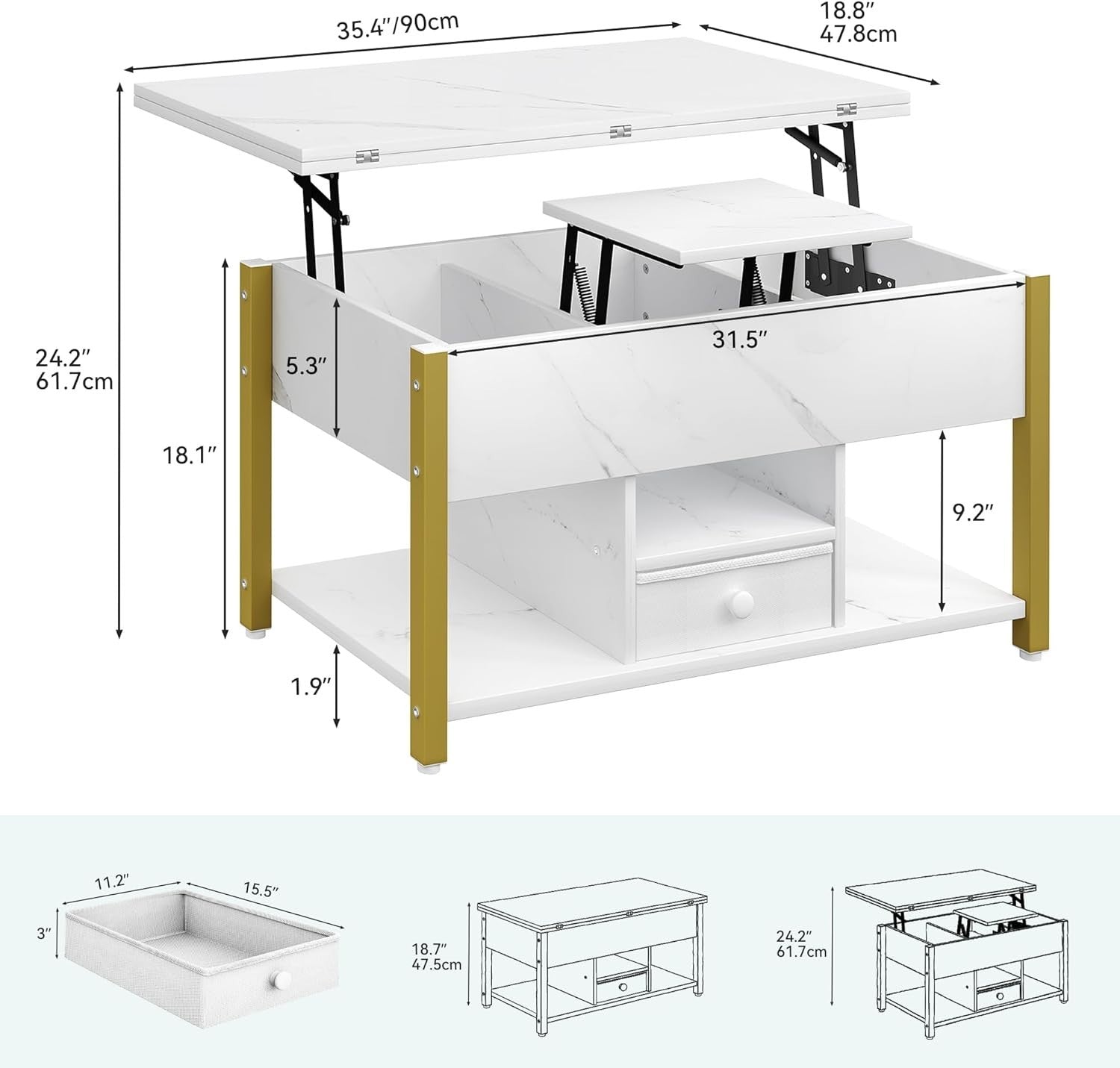 4in1 Lift Top Coffee Table with Storage Drawers Dining Table Convertible White