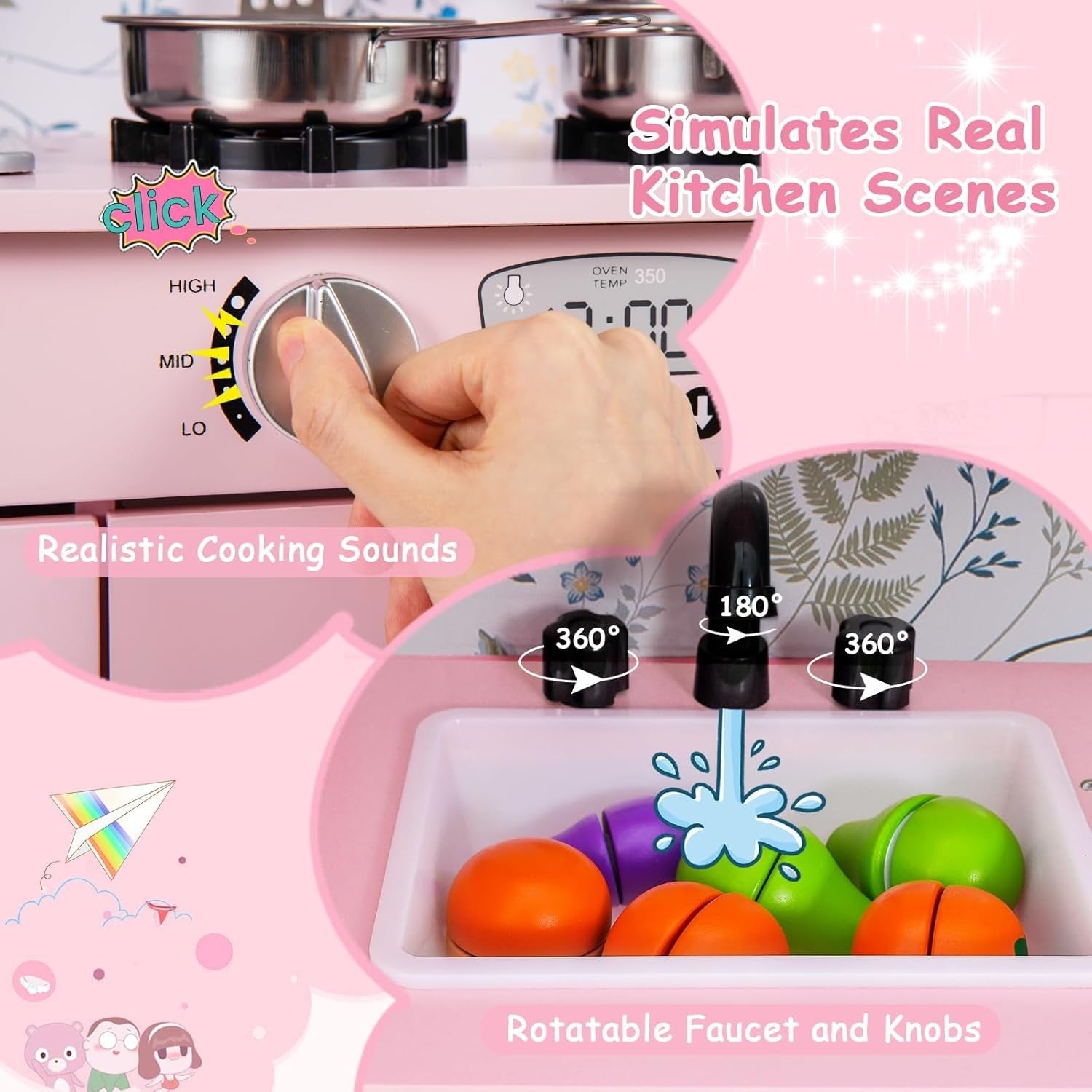 Kids Wooden Play Kitchen Pretend Cooking Set Microwave Ice Maker Pink