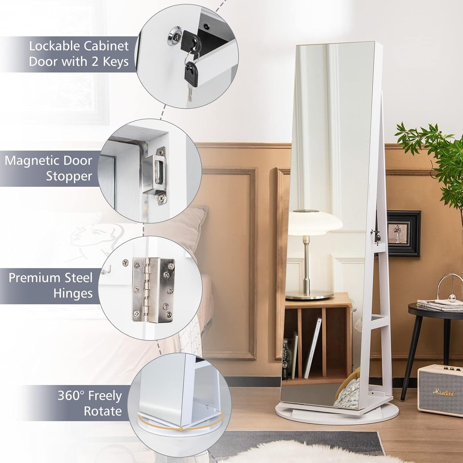 360° Rotating Jewelry Cabinet LED Mirror Lockable Freestanding Organizer