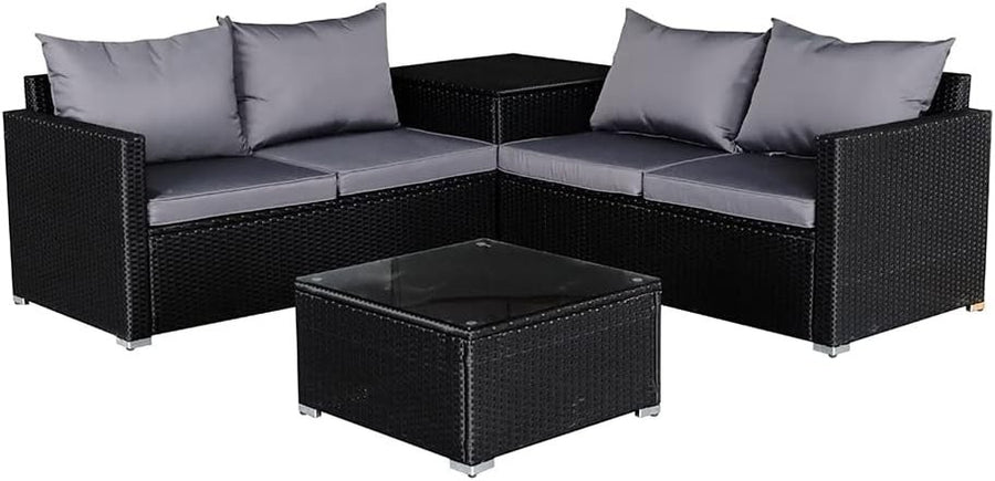 Rattan Garden Corner Sofa Set 4 Seater – Table, Storage & Cover, Outdoor Use