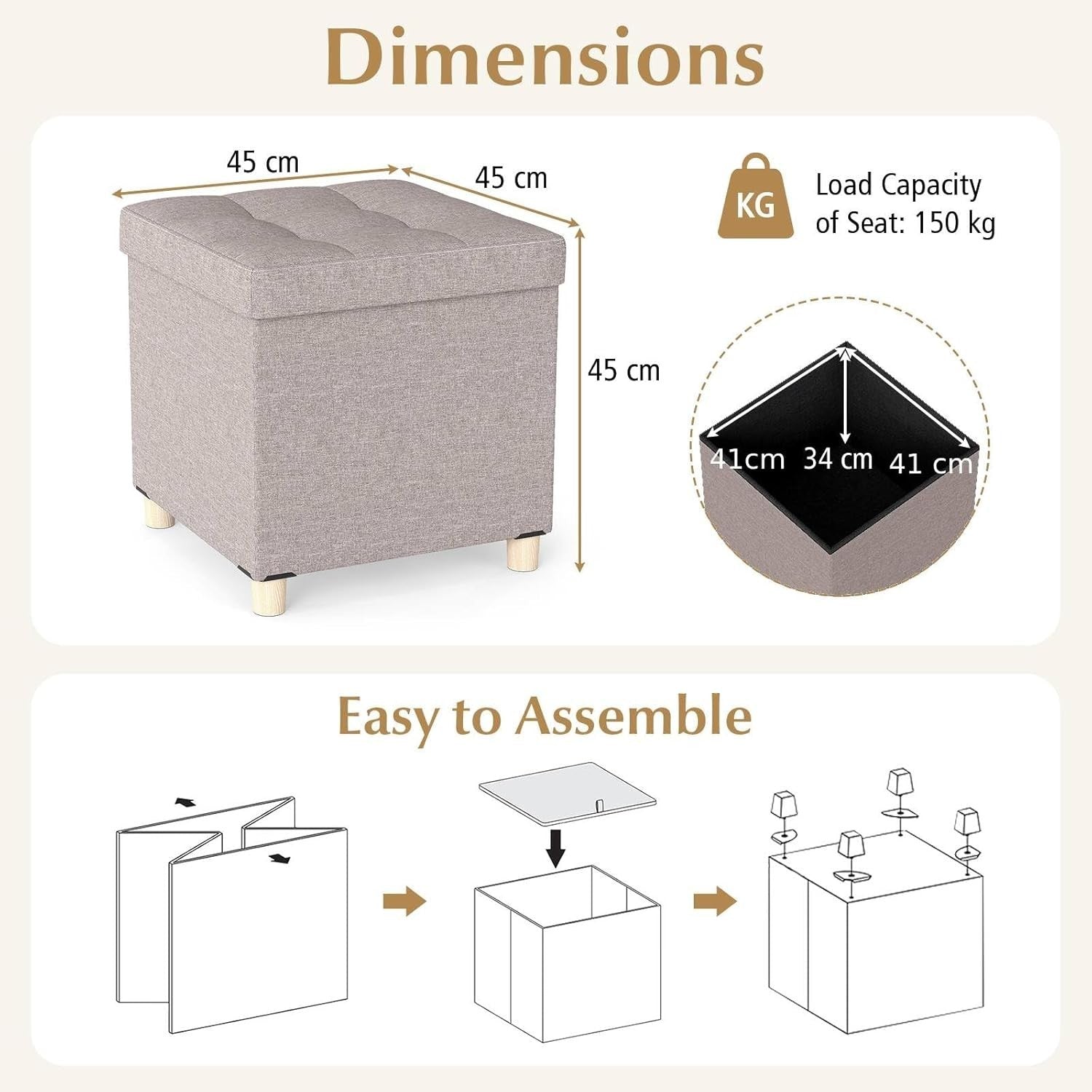 Beige Linen Storage Ottoman 45x45cm Folding Footstool Bench w/ Tray Lid & Legs