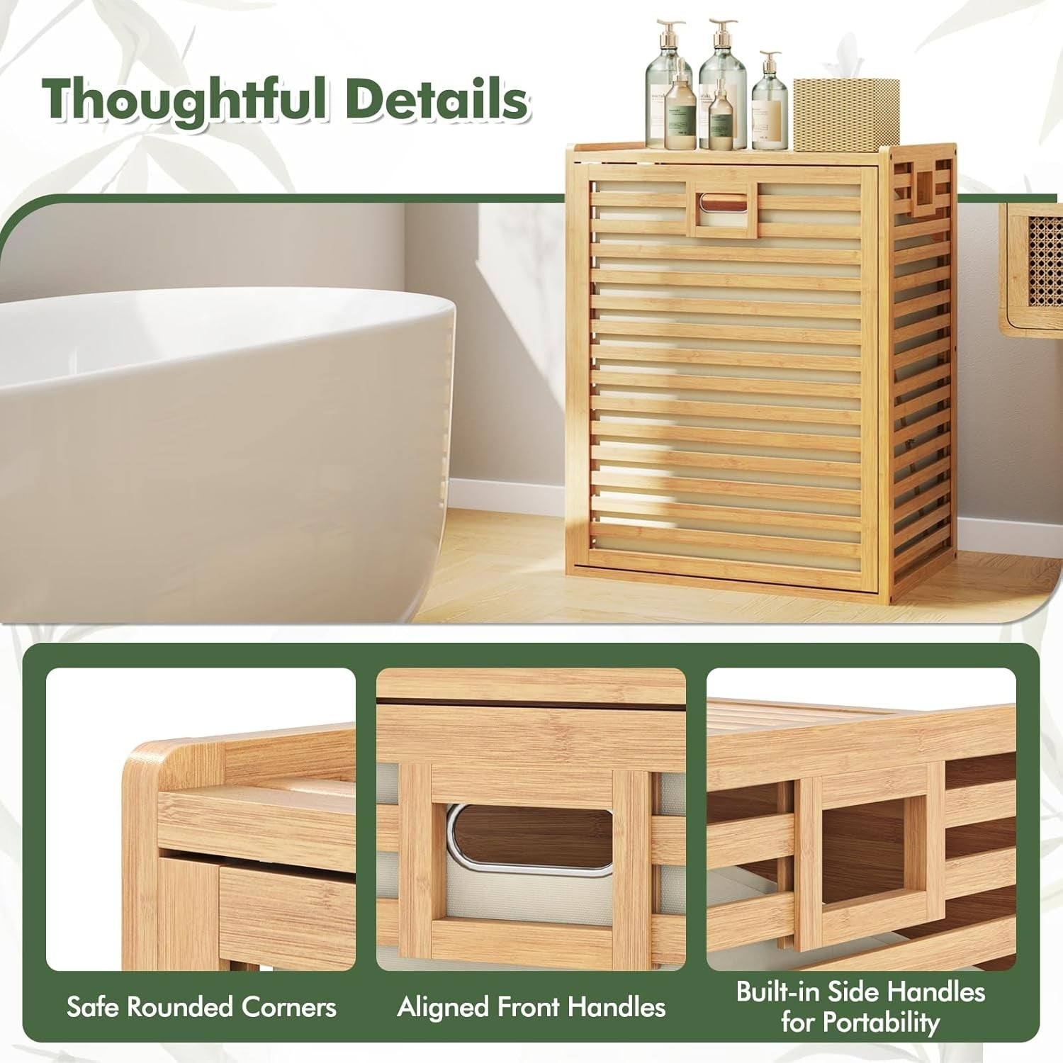 Bamboo Laundry Basket Cabinet Tilt Out Hamper with Liner Bag Natural