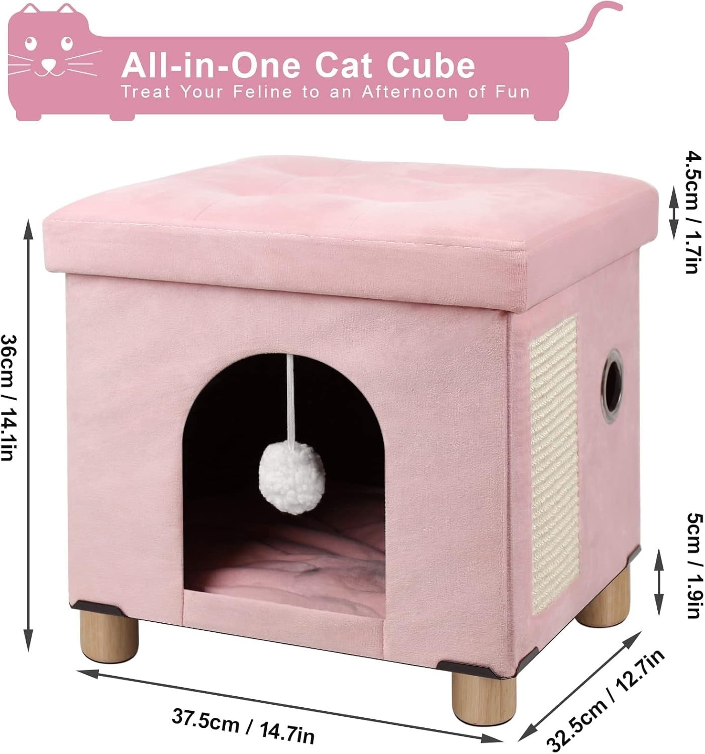 Foldable Cat House Cube Cave w Scratching Board Cushion & Ball Pink