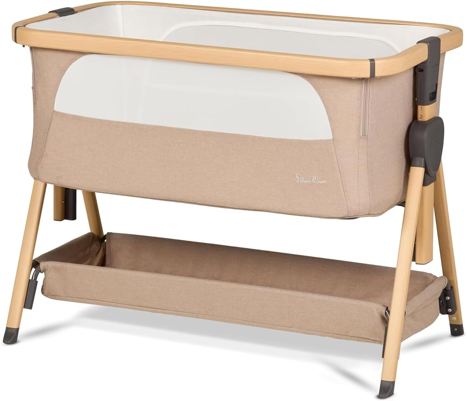 Bedside Baby Crib with Mattress 7 Height Adjustable Travel Cot Storage Beige