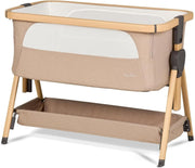 Bedside Baby Crib with Mattress 7 Height Adjustable Travel Cot Storage Beige