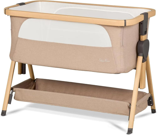 Bedside Baby Crib with Mattress 7 Height Adjustable Travel Cot Storage Beige
