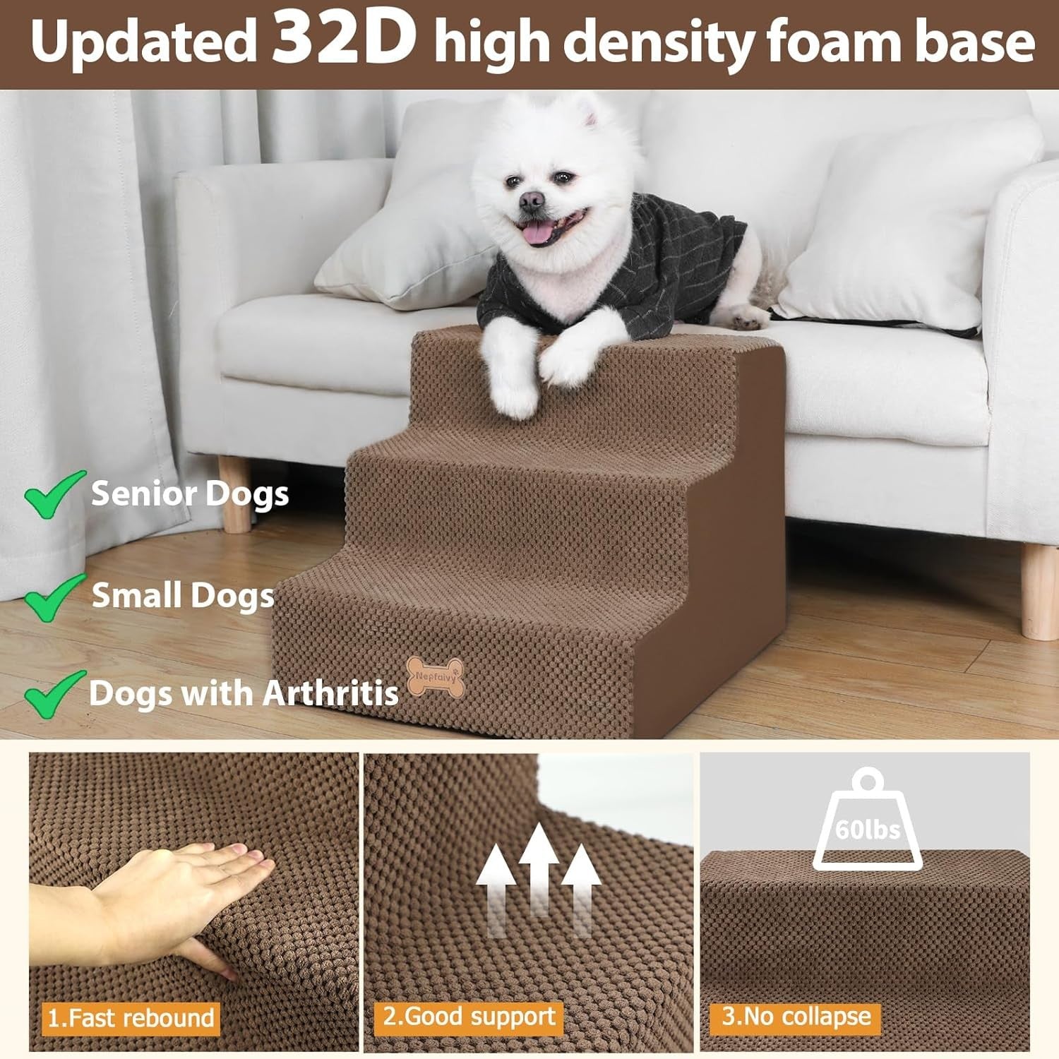 3-Step Dog Stairs Non-Slip Pet Ramp for Small Dogs Cats Brown