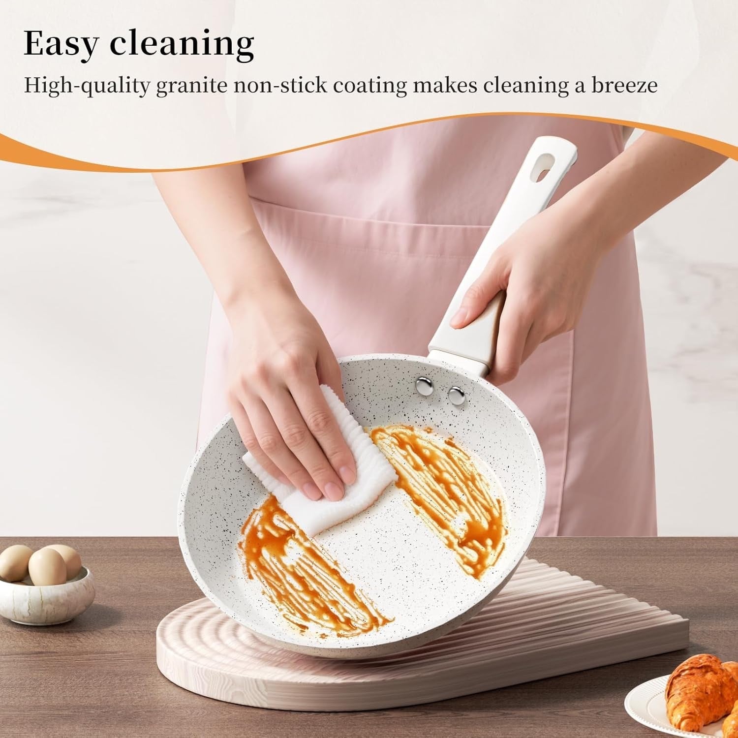 24cm White Non Stick Frying Pan Induction Ready Granite Coating PFOA-Free