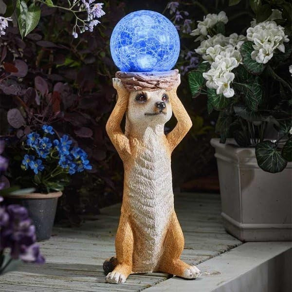 Solar LED Meerkat Garden Ornament with Crackle Glass Ball 37cm Resin Outdoor