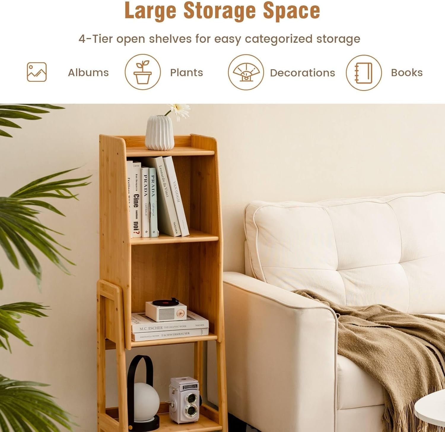 Tall Bamboo 4-Tier Bookcase Storage Shelf Unit Wooden Display Rack Home Office