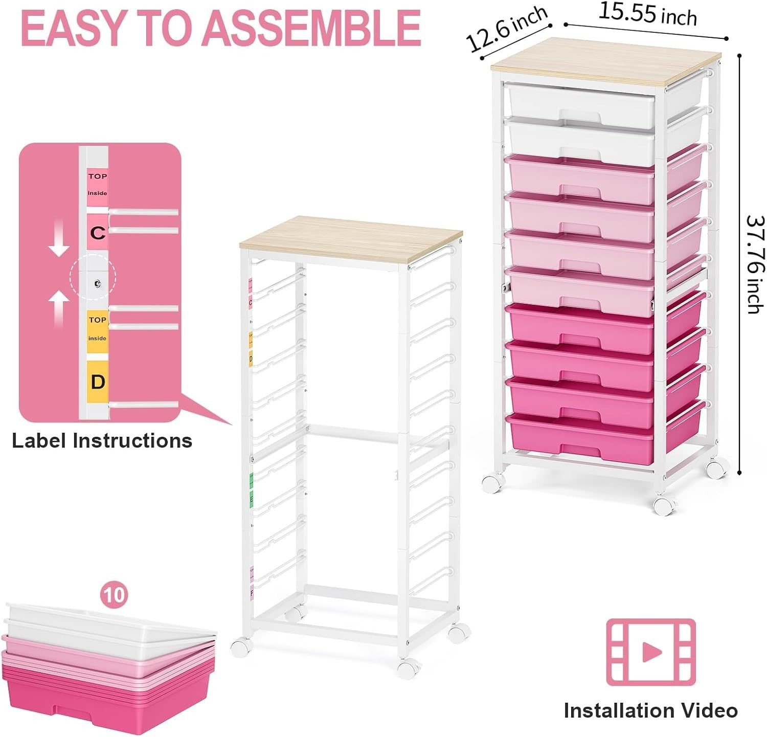 10 Drawer Storage Trolley Pink Craft Organizer Cart with Wheels