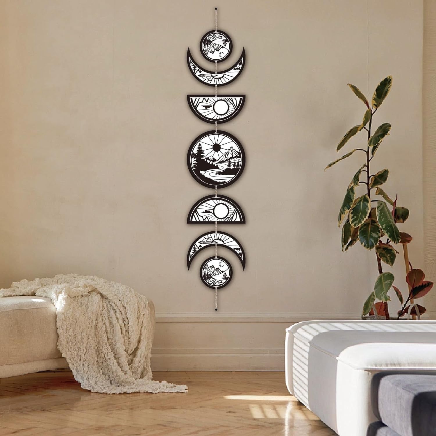 Moon Phase Wall Decor Wooden Boho 7-Piece Hanging Art for living room