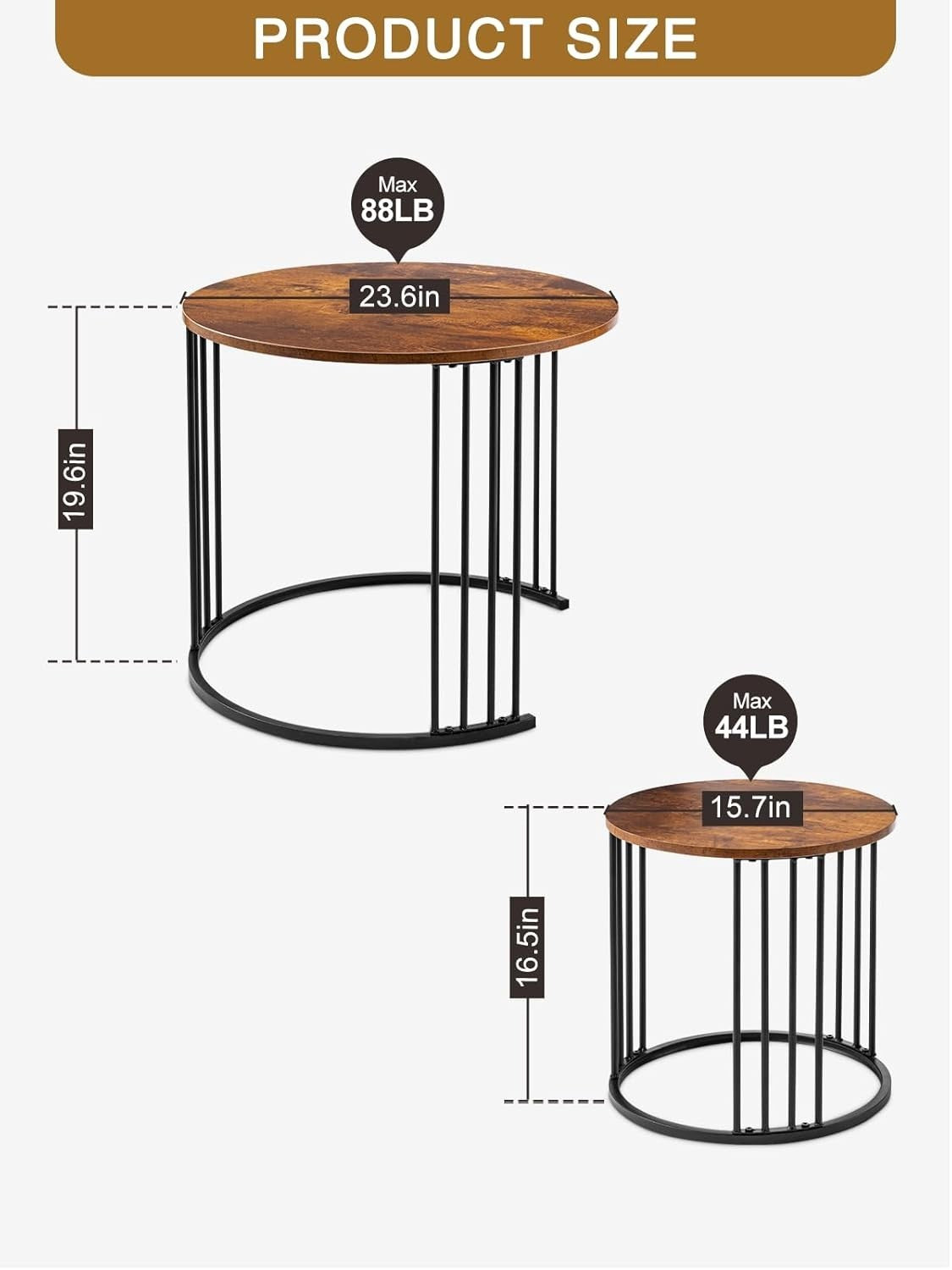 Brown Wood Nesting Coffee Table Set Round Modern Rustic Metal Frame Sled Base