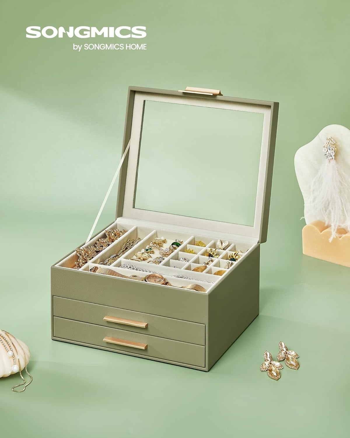 Avocado Green Gold Jewellery Box Glass Lid 3 Tier Organizer with Drawers