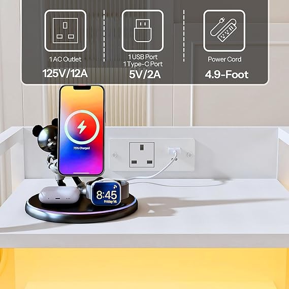 White LED Bedside Table with Charging Station 2 Drawers Modern Nightstand