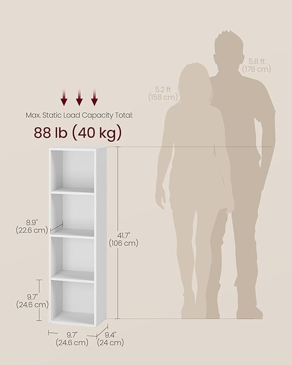 4-Tier White Bookshelf Tall Slim Storage Unit Cube Shelving for Home Office