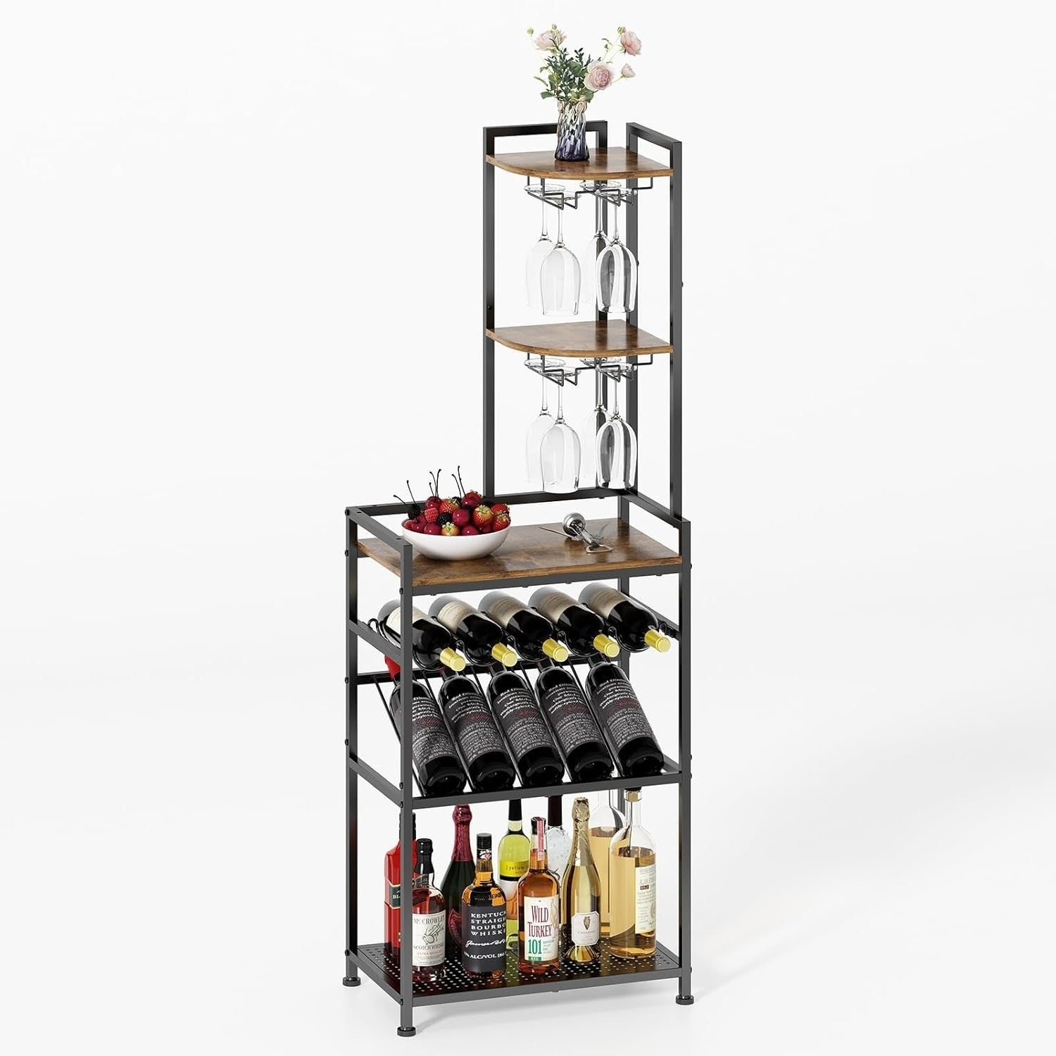Corner Wine Rack Freestanding Bar Cabinet 6-Tier Bottle & Glass Holder