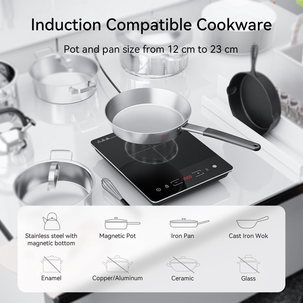 2000W Portable Induction Cooktop, 9 Power Levels, 8H Timer, Touch Control