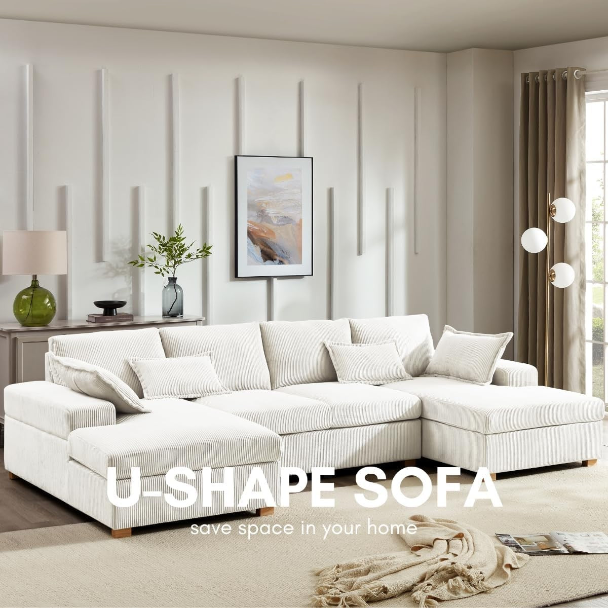 U-Shape Fabric Sofa Jumbo Cord 4-Seater Cream | Deep Seat + Optional Footstool