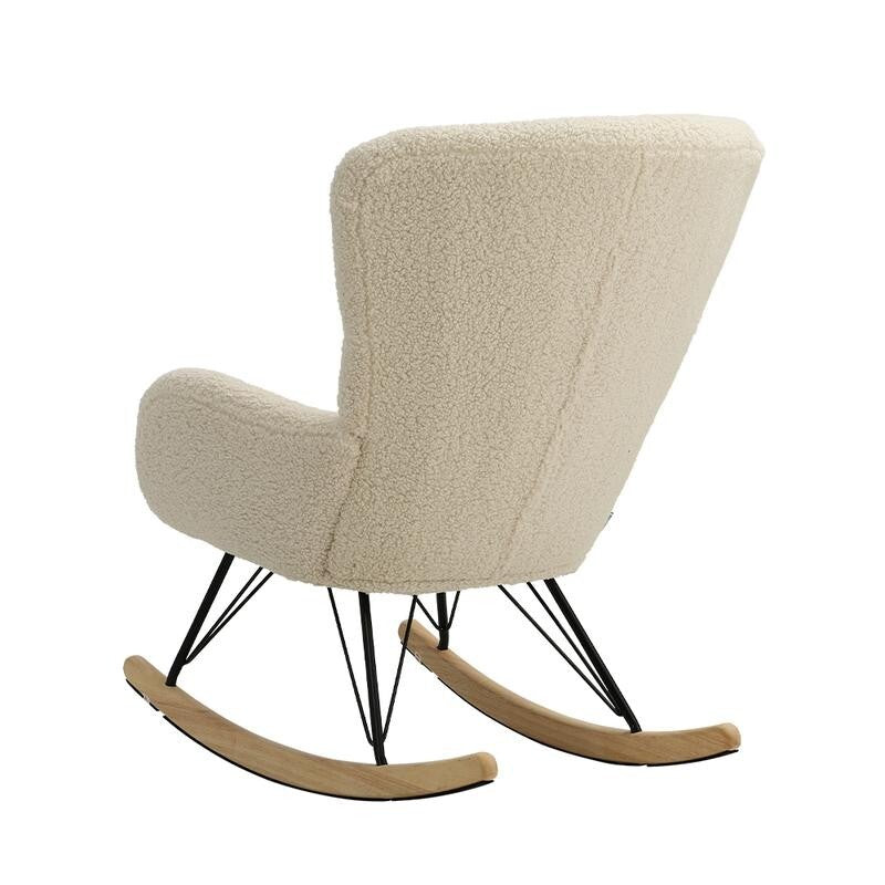 Beige Sherpa Rocking Chair High Back Seat with Arms & Wood Runners